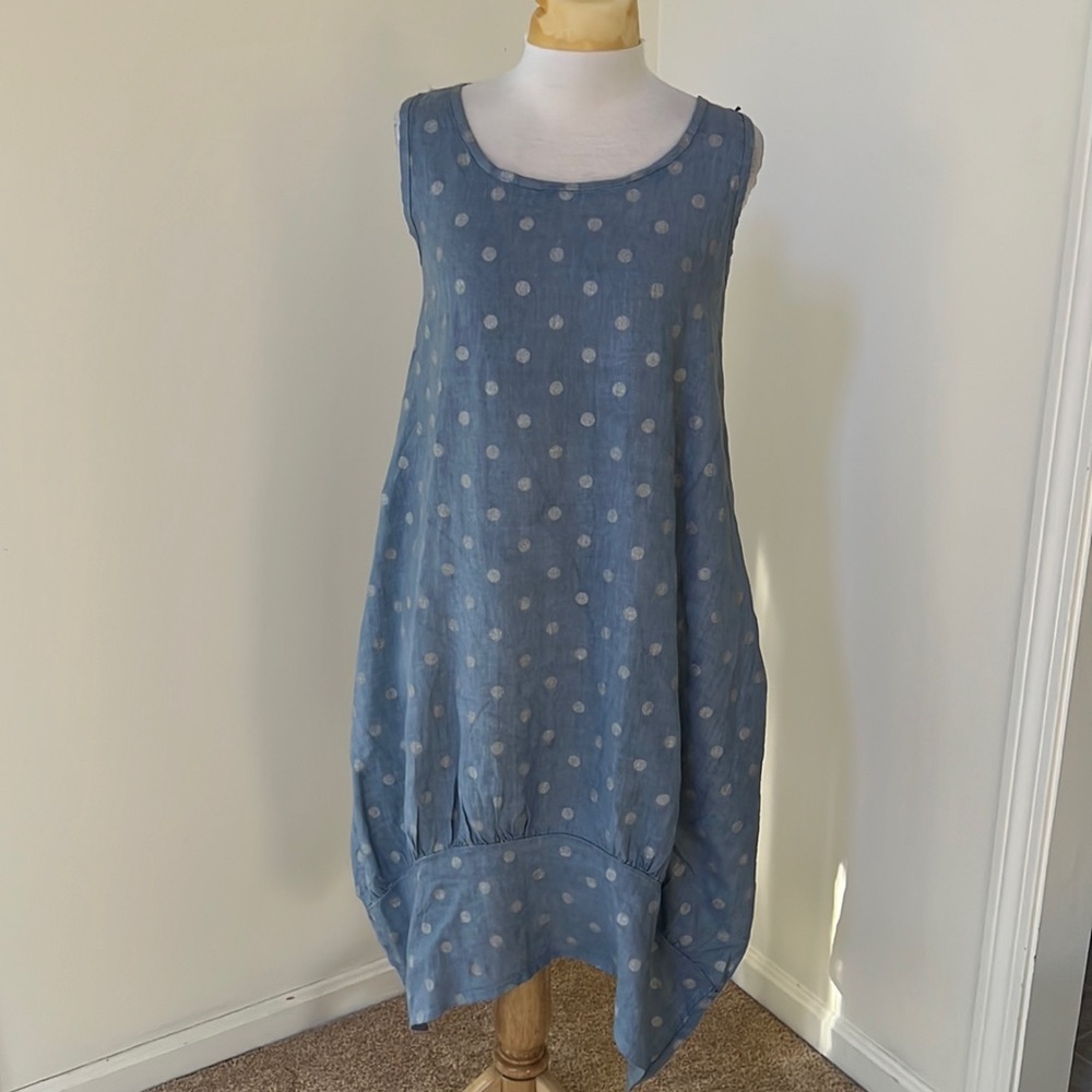 Pistache grey with glittery dots asymmetrical linen dress with pockets.